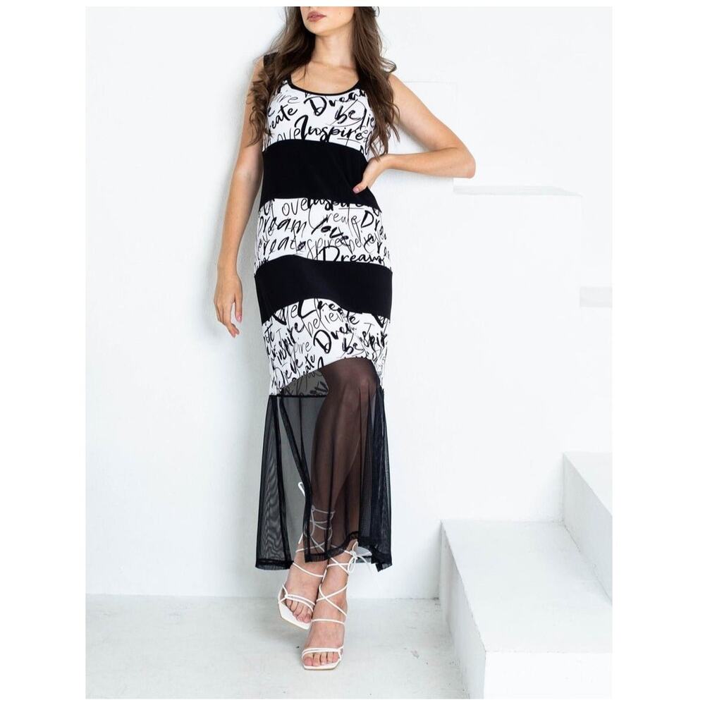 Womens Tank Maxi Dress Size M Black White Sheer Script NWT Artex Fashions